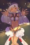 altera_(fate) ass_visible_through_thighs blush choker dark_skin fate/extella fate/extra fate_(series) from_above highres looking_at_viewer lying navel on_back outstretched_arms purple_hair red_eyes solo thighs xue_fengzi 
