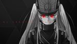  310u8 altair_(re:creators) copyright_name glowing glowing_eyes hair_ribbon hat high_collar long_hair looking_at_viewer military military_uniform monochrome re:creators red_eyes ribbon shako_cap smile solo spot_color twintails uniform upper_body 