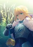  ahoge armor armored_dress artoria_pendragon_(all) blue_cape cape corset excalibur fate/stay_night fate_(series) fateline_alpha fur-trimmed_cape fur_trim green_eyes hair_ribbon looking_at_viewer planted_sword planted_weapon ribbon saber short_hair solo sword upper_body weapon 