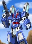  80s armor autobot blue blue_eyes blue_sky cloud commentary_request day full_body glowing glowing_weapon gun highres holding holding_gun holding_weapon machinery mecha no_humans oldschool outdoors qhon_(9pon) robot rock sky solo standing transformers ultra_magnus weapon 