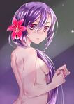  akebono_(kantai_collection) bad_id bad_pixiv_id bell butt_crack chiha_(abo_ecm_mk25) flower hair_bell hair_censor hair_flower hair_ornament hair_over_breasts highres jingle_bell kantai_collection lips long_hair nude purple_eyes purple_hair side_ponytail solo upper_body very_long_hair 