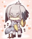  bird black_hair boots chibi commentary eyebrows_visible_through_hair green_eyes grey_hair head_wings heart kata_meguma kemono_friends looking_at_another multicolored_hair petting shoebill shoebill_(kemono_friends) sound_effects translated two-tone_hair 