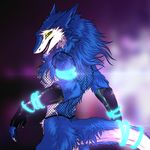  2017 anthro blue(sergal) blue_fur bottomless clothed clothing fingerless_gloves fishnet fluffy fur gamblefur gloves glowing glowstick long_tail looking_at_viewer male rave raver rubber sergal smile solo standing yellow_eyes 