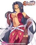  bare_shoulders belt bibyo black_hair black_legwear breasts center_opening copyright_name crossed_belts dark_skin dress elbow_gloves glasses gloves green_eyes koihime_musou large_breasts long_hair looking_at_viewer loose_belt mole mole_under_eye navel official_art pelvic_curtain shuuyu simple_background smile solo thighhighs very_long_hair white_background 