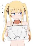  1girl bikini_top blonde_hair blue_eyes blush breast_conscious breasts commentary_request drawing gobanme_no_mayoi_neko hair_ribbon highres long_hair medium_breasts notebook reverse_x-ray ribbon saenai_heroine_no_sodatekata sawamura_spencer_eriri simple_background sketchbook solo twintails white_background 