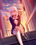  artoria_pendragon_(all) blonde_hair cloud cloudy_sky fate_(series) frown hands_on_own_knee jacket jewelry knee_to_chest long_hair looking_at_viewer necklace ponytail saber_alter shoes sitting sitting_on_stairs sky sneakers solo stairs thighs type-moon xue_fengzi yellow_eyes 