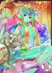  breasts cape creature crown goo_girl green_skin highres monster_girl moon multicolored_hair rainbow rainbow_hair shinkai_no_valkyrie slime slime_queen staff 