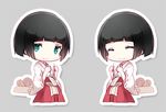  black_hair chibi closed_eyes cuivre green_eyes grey_background japanese_clothes lowres mayu_(noragami) miko noragami simple_background solo 