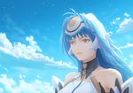  bare_shoulders blue_hair blue_sky closed_mouth cloud day detached_collar expressionless fateline_alpha kos-mos lips long_hair red_eyes sky solo star_(sky) upper_body xenosaga zipper 