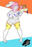  2017 anthro big_breasts bra breasts buckteeth cleavage clothed clothing condom digital_media_(artwork) english_text female food frannie_funbun hair hi_res lagomorph legwear logo long_ears looking_at_viewer mammal pink_hair pizza rabbit simple_background smile solo standing stockings teeth text theicedwolf thick_thighs underwear wide_hips 