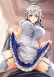  apron blue_dress blue_eyes blue_skirt braid breasts clothed_sex clothes_lift dress garter_straps hair_between_eyes highres implied_sex indoors izayoi_sakuya large_breasts lifted_by_self looking_at_viewer looking_down maid maid_apron maid_headdress miniskirt puffy_short_sleeves puffy_sleeves shirt short_sleeves silver_hair sinkai skirt skirt_lift skirt_set solo standing thighhighs touhou twin_braids waist_apron white_shirt zettai_ryouiki 