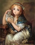  arm_support basket bird blue_eyes cage chair commentary docoi dove egg faux_traditional_media fine_art_parody jean-baptiste_greuze leaning_forward light_brown_hair lips looking_at_viewer original parody sitting smile solo 