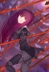  bodysuit breasts dutch_angle fate/grand_order fate_(series) highres large_breasts leaning_forward long_hair looking_at_viewer polearm purple_hair red_eyes scathach_(fate)_(all) scathach_(fate/grand_order) solo spear type-moon weapon xue_fengzi 