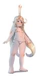  barefoot bikini blonde_hair blue_eyes bow_(bhp) charlotta_fenia crown flat_chest full_body granblue_fantasy highres long_hair micro_bikini navel pointy_ears side-tie_bikini simple_background solo standing swimsuit very_long_hair white_background white_bikini 