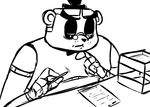  2016 animatronic anthro bear black_and_white desk eyewear five_nights_at_freddy&#039;s freddy_(fnaf) glasses half-closed_eyes hat inkyfrog machine male mammal monochrome paper pen pince-nez robot simple_background solo top_hat video_games white_background 