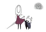  ambiguous_gender ambiguous_species black_body blush duo hollow_knight hornet_(hollow_knight) melee_weapon not_furry protagonist_(hollow_knight) simple_background sitting size_difference weapon white_background zelen 