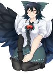  bangs black_gloves black_hair black_legwear black_wings blush bow breasts cape elbow_gloves feathered_wings frilled_shirt frilled_shirt_collar frilled_skirt frills gloves green_skirt hair_between_eyes hair_bow hands_on_lap highres large_breasts lips long_hair looking_at_viewer nicutoka pantyhose puffy_short_sleeves puffy_sleeves red_eyes reiuji_utsuho seiza shiny shiny_hair shirt short_sleeves sidelocks simple_background single_glove sitting skirt smile solo space third_eye toes touhou white_background white_shirt wide_hips wings 