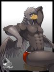  2017 abs alphamoonlight anthro avian beak bird black_fur claws clothing feathers fur grey_fur gryphon hawk looking_at_viewer male muscular muscular_male navel purple_eyes simple_background sitting solo underwear white_background wings 