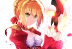  aestus_estus ahoge blonde_hair blush braid breasts cleavage closed_mouth commentary_request dress epaulettes fate/extra fate_(series) fire french_braid green_eyes hair_intakes hair_ribbon highres holding holding_sword holding_weapon medium_breasts mipi nero_claudius_(fate) nero_claudius_(fate)_(all) petals red_dress ribbon simple_background smile solo sword upper_body weapon white_background 