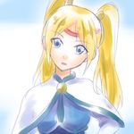  1girl blonde_hair blue_eyes breasts capelet dress fenimore_xelhes hair_ornament headband long_hair open_mouth tales_of_(series) tales_of_legendia twintails 