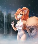  2017 5_fingers anthro armpits breasts canine dannyckoo female fog fox hair hot_spring looking_at_viewer mammal nipples nude orange_hair pink_areola pussy rock smile snow solo steam treserthefox water waterfall 