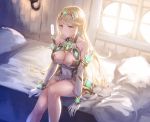  1girl anbe_yoshirou bangs bare_shoulders blonde_hair bracelet breasts cleavage cleavage_cutout collarbone covered_navel day dress earrings elbow_gloves gem gloves headpiece highres hikari_(xenoblade_2) indoors jewelry large_breasts long_hair looking_at_viewer nintendo on_bed pillow round_window short_dress sitting sitting_on_bed solo swept_bangs thigh_strap tiara very_long_hair wall_lamp white_gloves xenoblade_(series) xenoblade_2 yellow_eyes 