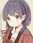  bird black_hair blue_eyes bowl braid chick chopsticks eating eyebrows_visible_through_hair food hanten_(clothes) highres looking_away mochi original red_robe robe sencha_(senta_10) short_hair solo wagashi 