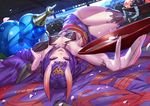  absurdres alcohol collarbone eyelashes fate/grand_order fate_(series) food foreshortening fruit gourd grapes highres horns indoors japanese_clothes jojaow licking_lips looking_at_viewer lying on_back oni peach petals purple_eyes purple_hair sake shuten_douji_(fate/grand_order) solo thigh_gap tongue tongue_out tray 