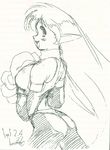 ass bare_shoulders big_hands breasts concept_art galaxy_fight large_breasts long_ears monochrome pointy_ears roomi sketch spandex sunsoft thong very_long_hair 