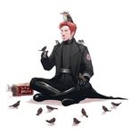  bad_id bad_pixiv_id bird boots bread closed_eyes coat feathered_wings food general_hux gloves male_focus orange_hair senkkei simple_background sitting solo star_wars star_wars:_the_force_awakens white_background white_eyes wings 