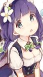  blue_eyes blush bow braid eyebrows_visible_through_hair flower green_bow hair_bobbles hair_flower hair_ornament highres looking_at_viewer maid medium_hair open_mouth original purple_hair sencha_(senta_10) solo twin_braids 