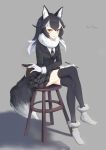  1girl absurdres animal_ear_fluff animal_ears black_legwear blue_eyes breasts full_body fur_collar gloves grey_background grey_wolf_(kemono_friends) heterochromia highres kemono_friends legs_crossed long_hair looking_at_viewer medium_breasts multicolored_hair necktie open_mouth pencil plaid_neckwear pleated_skirt simple_background sitting skirt solo tail thighhighs two-tone_hair vchan white_gloves wolf_ears wolf_girl wolf_tail yellow_eyes zettai_ryouiki 