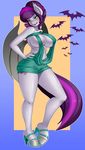  2017 anthro bat bat_pony blush breasts chacrawarrior cleavage clothed clothing cutie_mark fan_character fangs female footwear hair high_heels mammal my_little_pony nipple_bulge pose purple_hair ring shoes slit_pupils solo sparkles 