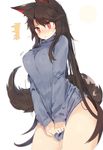  animal_ears bangs blush bottomless breasts brown_hair clothes_tug covered_nipples covering covering_crotch cowboy_shot imaizumi_kagerou kasuka_(kusuki) large_breasts long_hair long_sleeves naked_sweater no_pants red_eyes ribbed_sweater sidelocks simple_background solo standing sweater sweater_tug swept_bangs tail touhou very_long_hair white_background wolf_ears wolf_tail 