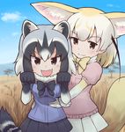  :3 :d aki_inu animal_ears arms_up black_hair blonde_hair blue_sky blush bow bowtie brown_eyes cloud commentary_request common_raccoon_(kemono_friends) day eyebrows_visible_through_hair fang fennec_(kemono_friends) fox_ears fox_tail fur_collar gradient_hair grass kemono_friends looking_at_viewer multicolored_hair multiple_girls open_mouth outdoors paw_pose pleated_skirt puffy_short_sleeves puffy_sleeves raccoon_ears raccoon_tail savannah short_hair short_sleeves skirt sky smile tail torso_grab two-tone_hair wavy_mouth 