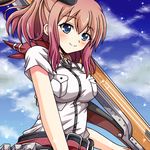  anchor artist_request belt blue_eyes breast_pocket brown_hair cloud day dress flight_deck from_below kantai_collection long_hair looking_at_viewer neckerchief pocket ponytail red_neckwear saratoga_(kantai_collection) side_ponytail sky smile solo standing white_dress 