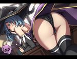  alicia_asher aqua_eyes aqua_hair ass bare_shoulders blush breasts detached_sleeves hat indoors kanpani_girls large_breasts letter looking_back panties sblack shoulder_blades skull smile teeth thighhighs underwear witch_hat 