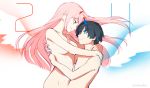  1boy 1girl black_hair blue_eyes breasts character_name couple darling_in_the_franxx eye_contact eyebrows_visible_through_hair floating_hair groin hiro_(darling_in_the_franxx) horn long_hair looking_at_another medium_breasts nude pink_hair sideboob smile toma_(norishio) twitter_username upper_body very_long_hair wings zero_two_(darling_in_the_franxx) 