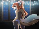  anthro bare_back brown_hair canine clothed clothing dannyckoo detailed_background eyelashes female fluffy fluffy_tail fox green_eyes hair inside mammal night pink_nose smile standing topless tresertf wide_hips 