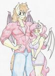  2016 absurd_res anthro bat_pony bracelet breasts cleavage clothed clothing cousins crisp_air_(oc) dress duo equine family fan_character fangs female flicker-show flower flower_in_hair hi_res jewelry looking_at_viewer male mammal nipple_bulge peach_blossom_(oc) plant size_difference smile summer_dress traditional_media_(artwork) 