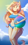  2017 amber_eyes anthro armpits ball bat_pony bat_wings beach_ball bikini blush breasts clothing cloud cutie_mark equine fangs female mammal membranous_wings my_little_pony peach_blossom_(oc) sea sky slit_pupils solo swimsuit the-butcher-x under_boob water wings 