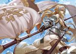  absurdres armored_corset ass belt blonde_hair blue_eyes cowter fate/apocrypha fate_(series) fur_trim highres jeanne_d'arc_(fate) jeanne_d'arc_(fate)_(all) jojaow lips long_hair looking_back parted_lips plackart sheath sheathed solo standard_bearer sword thighhighs weapon wind 