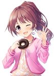  ;d blush brown_hair commentary_request doughnut food hair_ornament hair_scrunchie hasumi_(hasubatake39) highres idolmaster idolmaster_cinderella_girls jewelry long_hair long_sleeves looking_at_viewer necklace ok_sign one_eye_closed open_mouth ponytail purple_eyes scrunchie shiina_noriko simple_background smile solo white_background 
