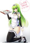  2017 apron blush breasts c.c. code_geass dated detached_sleeves green_hair highres kneeling lace lace-trimmed_apron lace-trimmed_thighhighs large_breasts long_hair looking_at_viewer maid_apron pizza_box school_swimsuit solo swimsuit thighhighs thighs white_background yu-ta 