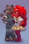  anthro blush clothing duo female fur hair herald_(latchkey_kingdom) latchkey_kingdom male nervous no_iris p5ych red_fur romantic_couple school_uniform sharp_nails simple_background smile stella_sparkchild stripes uniform yuman 