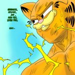  1boy animal_ears aura black_eyes bruise cat cat_ears collarbone dragon_ball dragonball_z english_text furry garfield garfield_(character) grin injury male_focus manly muscle orange_fur parody personification smile solo sweat thrudfiranflams vegeta 