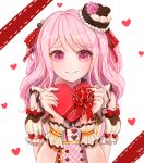  1girl alternate_hairstyle artist_name bang_dream! bangs box corset ferrel_(rocher_71) flower frilled_sleeves frills gift hair_ribbon hands_up hat hat_flower heart heart-shaped_box holding holding_gift long_hair looking_at_viewer maruyama_aya pink_eyes pink_flower pink_hair pink_rose red_ribbon ribbon rose shirt short_sleeves shoulder_cutout simple_background smile solo striped striped_shirt two_side_up upper_body valentine vertical-striped_shirt vertical_stripes wavy_hair white_background wrist_cuffs 