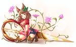  animal_ears backless_outfit boots breasts brown_hair cleavage erune flower granblue_fantasy hair_ornament la_coiffe_(granblue_fantasy) leaf_hair_ornament medium_breasts pensuke scissors smile thigh_boots thighhighs 