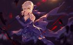  artoria_pendragon_(all) baisi_shaonian blonde_hair braid breasts cleavage dark_excalibur dark_persona detached_sleeves dress fate/stay_night fate_(series) french_braid gothic_lolita highres lolita_fashion medium_breasts saber_alter solo sword thighhighs weapon yellow_eyes 