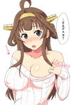  :o ahoge alternate_costume arm_behind_back bad_revision bangs bare_shoulders blunt_bangs blush breasts brown_hair cleavage clothes_pull collarbone commentary_request covered_nipples double_bun eyebrows_visible_through_hair head_tilt headgear heart jewelry kantai_collection kongou_(kantai_collection) long_hair long_sleeves looking_at_viewer md5_mismatch medium_breasts no_bra nose_blush off-shoulder_sweater open_mouth pulled_by_self purple_eyes ring shigure_ryuunosuke shiny sidelocks simple_background skindentation sleeves_past_wrists solo sweater sweater_pull tareme translated wedding_band white_background white_sweater 